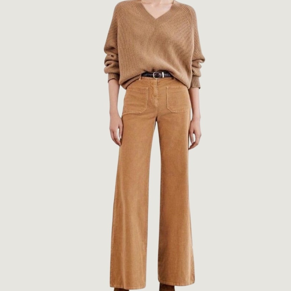 Nili Lotan Womens Tan Corduroy Wide Leg Flare Pants High Rise Size 4 Made In USA